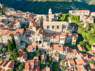 An aerial view of the center of the town of Triora in Liguria, Italy. The town is sadly known for 