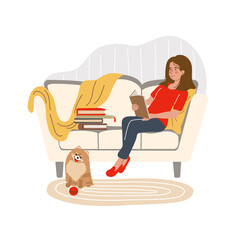 Young girl reading a book and sitting on the sofa in modern interior. Home education. Vector illustration drawing in flat style