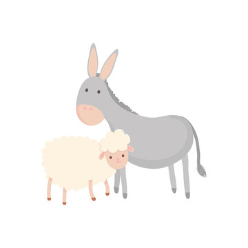 Cartoon donkey and sheep, flat style