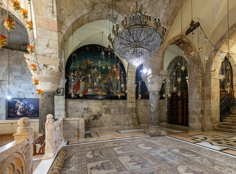 Church of the Holy Sepulchre interior with XII century Chapel of Saint Helena in Christian Quarter of historic Old City of Jerusalem, Israel