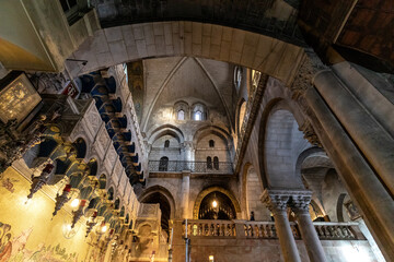 Church of the Holy Sepulchre interior, main entrance hall with cloisters of Calvary or Golgotha...