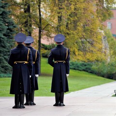 Guard of honor in Alexander garden around Unknown Solder Grave near Kremlin wall in autumn time