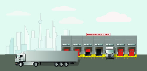 Modern logistics center. Delivery of goods by road to a warehouse complex located outside the city. Flat vector illustration
