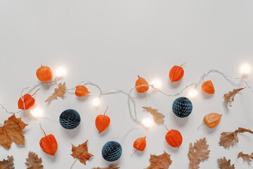 A mockup of dried oak leaves, maple leaves, physalis flowers, glowing garland and paper balls....