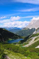 Lake Seebensee in front of Zugspitze mountain, the so called top of Germany, taken close to Coburger Hütte in Tyrol, Austria