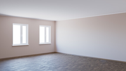 8K Ultra HD Empty Interior Corner with Beige Walls, Dark Parquet Floor, Two White Plastic Windows, and Wooden Plinth with Work Path on Windows