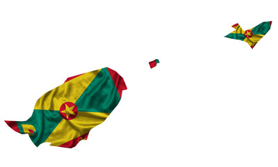 Waving textile flag of Grenada fills country map. White isolated background, 3d illustration.