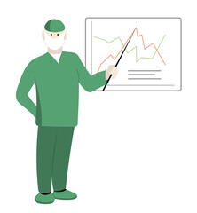 Doctor with pointer in his hand shows graph.