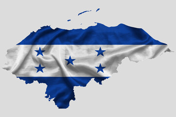 Waving textile flag of Honduras fills country map. White isolated background, 3d illustration.