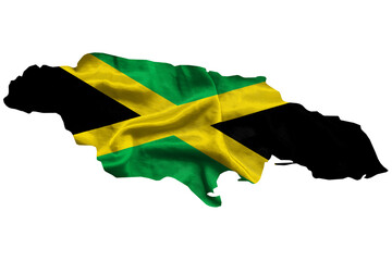 Waving textile flag of Jamaica fills country map. White isolated background, 3d illustration.