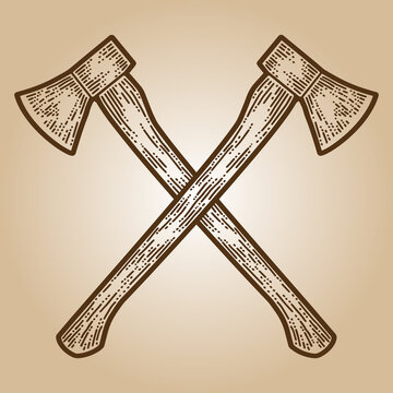 Crossed axes engraving sketch scratch board imitation. Sepia hand drawn image.