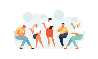 Group of people discussing at the group therapy with a psychologist. Office planning meeting. Vector illustration
