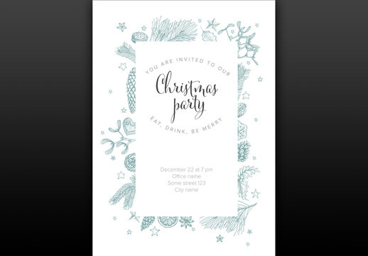 White Christmas Party Invitation Layout with Handdrawn Decorations