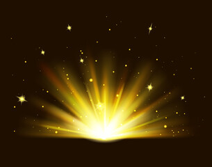 Fototapeta premium Golden rays rising on black background. Shining golden bright light. Abstract Gold shine burst with sparkles. Vector Illustration