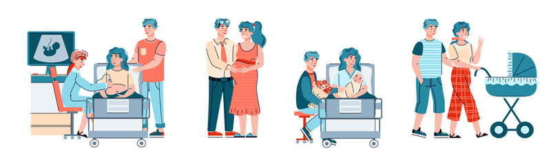 Concept of happy pregnancy, childbirth, maternity and parenthood. A set of vector isolated illustrations of young family couple waiting for a baby and with newborn.