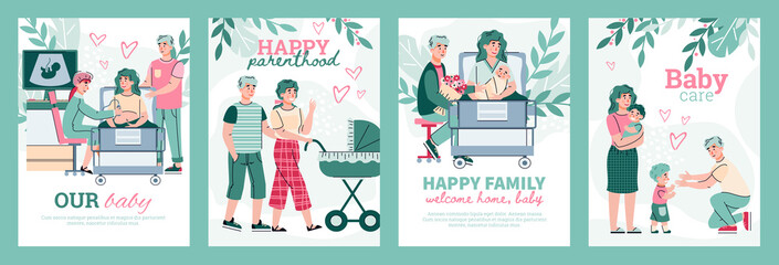Concept of happy pregnancy, childbirth, maternity and parenthood. Young family with newborn baby, a kid. Set of vector colorful posters with lettering.