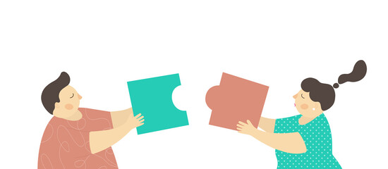 A young man and woman put together a puzzle.Vector illustration of flat design.