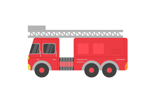 Fire rescue red truck with ladder cartoon icon, flat vector illustration isolated on white background. Fire department transport or vehicle, side view fire car.