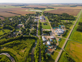 Aerial View of Small Town on Summer Day in Rural North Dakota.