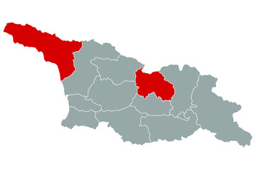 Vector map of Georgia with regions. Regions of South Ossetia and Abkhazia uncontrolled by the government are painted in red