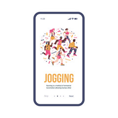 Onboarding page of mobile phone for jogging activity with cartoon people running, flat vector illustration. Sport and fitness app concept on touch screen.