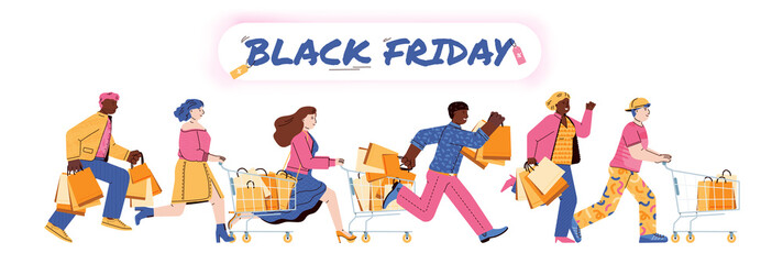 Fototapeta na wymiar Black Friday seasonal sale horizontal banner template with cartoon people running for shopping, flat vector illustration isolated on white background.