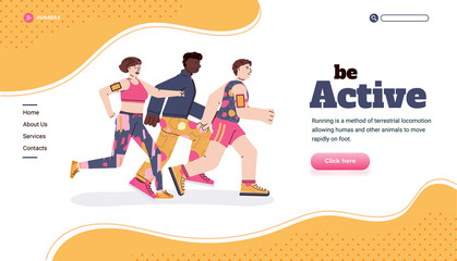 Sports training, marathon, jogging, workout or competition outdoor. Running athletic active people. Healthy lifestyle. Vector illustration. Landing page template.