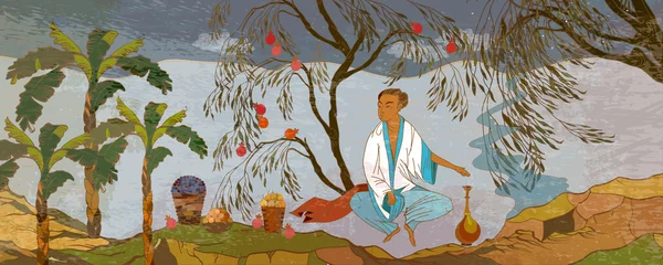 Antikes China. Klassische Wandzeichnung. Wandmalereien und Aquarelle im asiatischen Stil. Handgezeichnete Vektorillustration. Orientalische Menschen. Traditionelle chinesische Malerei. Tradition und Kultur Asiens © Matrioshka