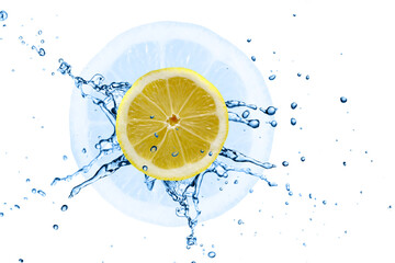 Fototapeta na wymiar Lemon splash in water toned in classic blue color isolated on white
