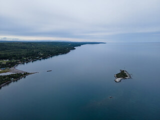 Aerial View of Lake Superior Showing Water, Small Island and Coastline near Duluth, MN.