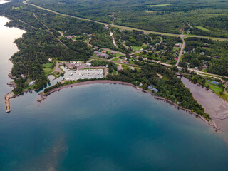 Aerial View of Lake Superior Coastline Showing Water and Land near Duluth, MN on Summer Day.