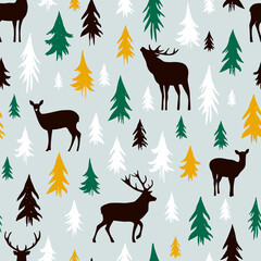 Hand-drawn forest silhouettes seamless pattern with deer