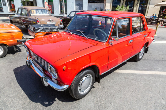 Soviet retro car Lada 2101 parked up at the city street