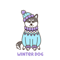Сute kawaii dog of breed Siberian Husky in Icelandic sweater and hat, isolated on white background. It can be used for sticker, patch, phone case, poster, t-shirt, mug and other design.