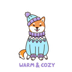Сute kawaii dog of Japanese breed Shiba Inu in Icelandic sweater and hat, isolated on white background. It can be used for sticker, patch, phone case, poster, t-shirt, mug and other design.