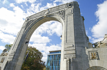 Arch at Bridge of Remembrance on a cloudy day. Landmark located at City Center in Christchurch, New Zealand.           