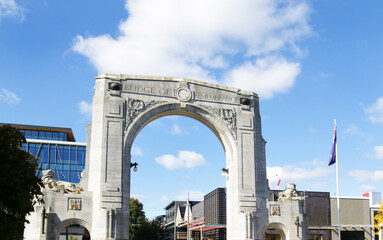 Arch at Bridge of Remembrance on a cloudy day. Landmark located at City Center in Christchurch, New...