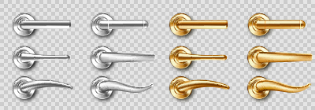 Realistic door handles set, golden and silver knobs of different shapes. Shiny gold and steel modern metal doorknobs, design elements for interior isolated on transparent background 3d vector icons