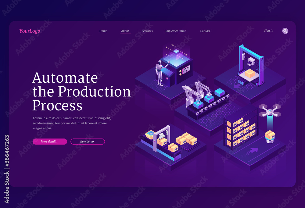 Poster automate production process banner. innovation technologies in manufacturing, automation work on ind