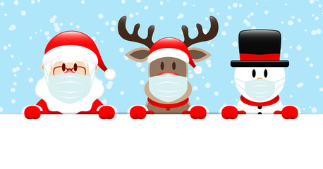 Fototapeta na wymiar Santa, Rentier Und Schneemann Maske Banner Schnee Hellblau