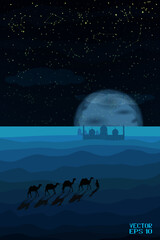 Desert Landscape with Sand Dunes in the Dark. Caravan of Camels Goes to Paradise Oasis at Night. Tired Rider goes to the Mosque. Vector. 3D Illustration