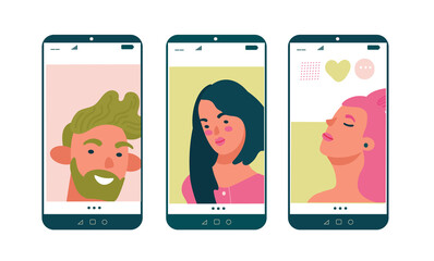 Portraits beauty people on mobile screens. Online dating concept for dating website app. Flat vector illustrations for designers templates.