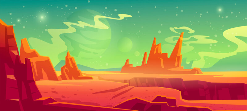 Mars landscape, red alien planet background, desert surface with mountains, rocks, deep cleft and stars shine on green sky. Martian extraterrestrial computer game backdrop, cartoon vector illustration