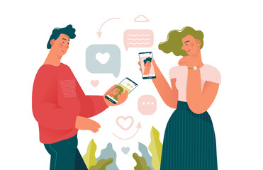 Young beauty man and woman loking for a couple in dating mobile app. Online dating creative concepts for designer templates. Colorful cartoon vector illustration, flat design.