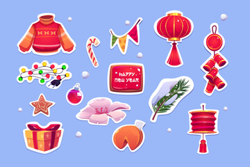 Chinese New Year stickers with red lantern, sweater, pine tree and bells. Vector cartoon icons set of traditional asian decoration, fortune cookies, garlands, gift box and candy cane