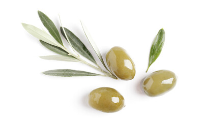 Bowl of fresh olive oil and green olives with leaves isolated on white background. View from above