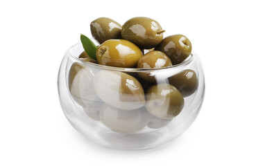 Delicious big green olives in an olive oil with leaves, isolated on white background, view from above