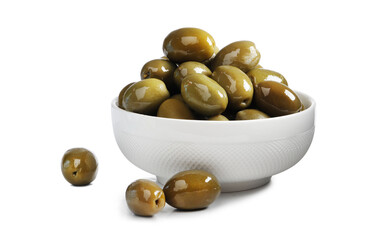 Delicious big green olives in an olive oil with leaves, isolated on white background, view from...