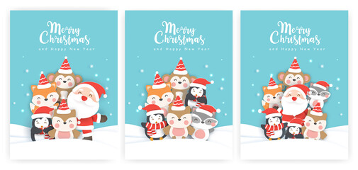 Set of Christmas cards  and new year greeting cards with  a cute animals in the snow.