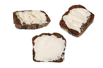 Brown bread and cheese isolated on white background.